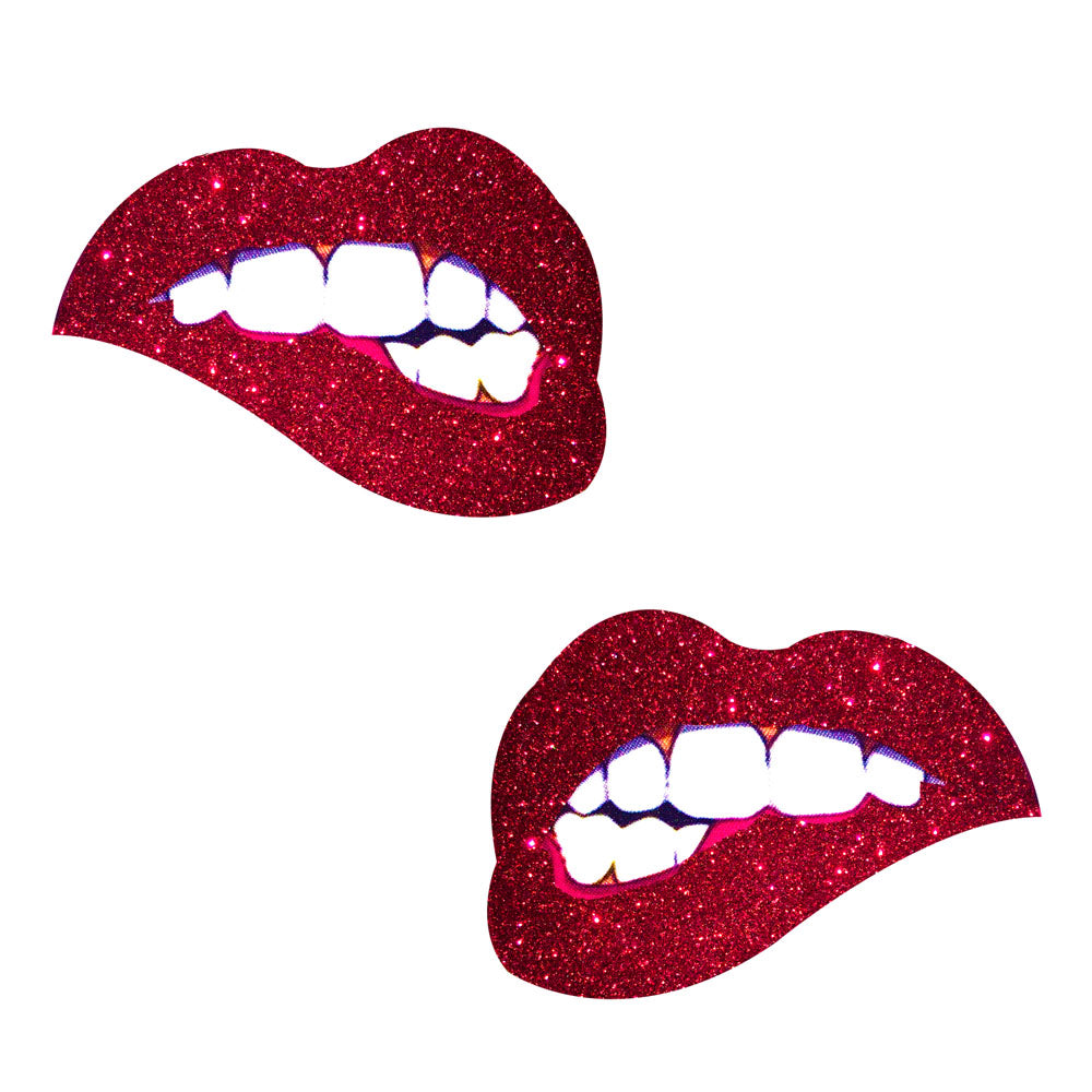 Freaking Awesome Red Glitter Bite Me Nipztix Pasties NN-FA-BTE-NS