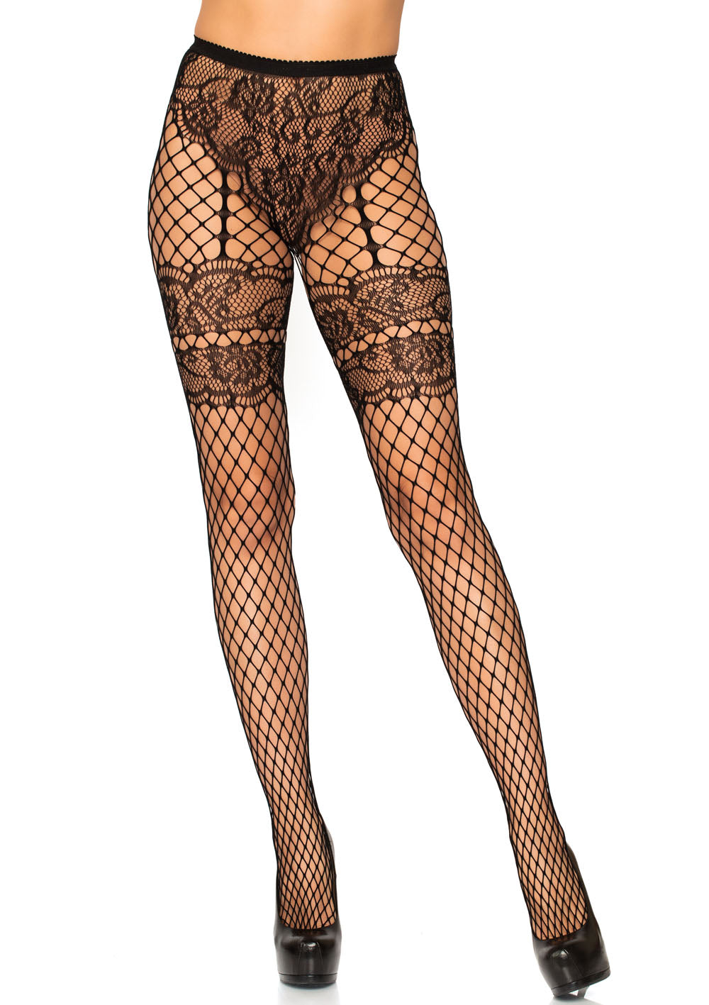 Lace French Cut Faux Garter Net Tights - One Size Black LA-9281BLK