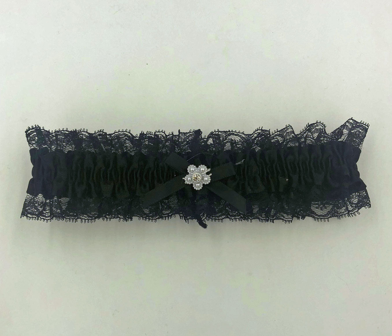 Satin Leg Garter - One Size - Black With Black Lace EM-3555BLK