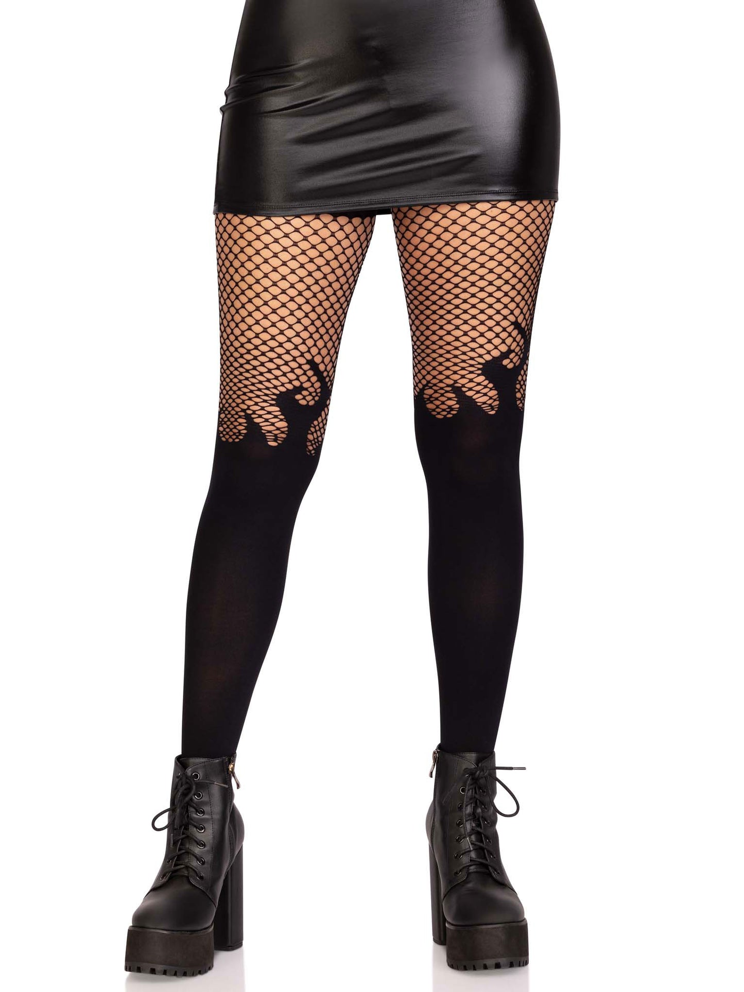 Opaque Flame Tights With Fishnet Top - One Size - Black LA-9729BLKOS